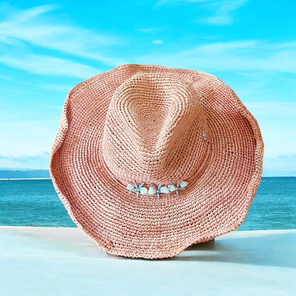 Flora Bella Adjustable Burnt Orange Floppy Straw Hat with Sea Shells/Starfish